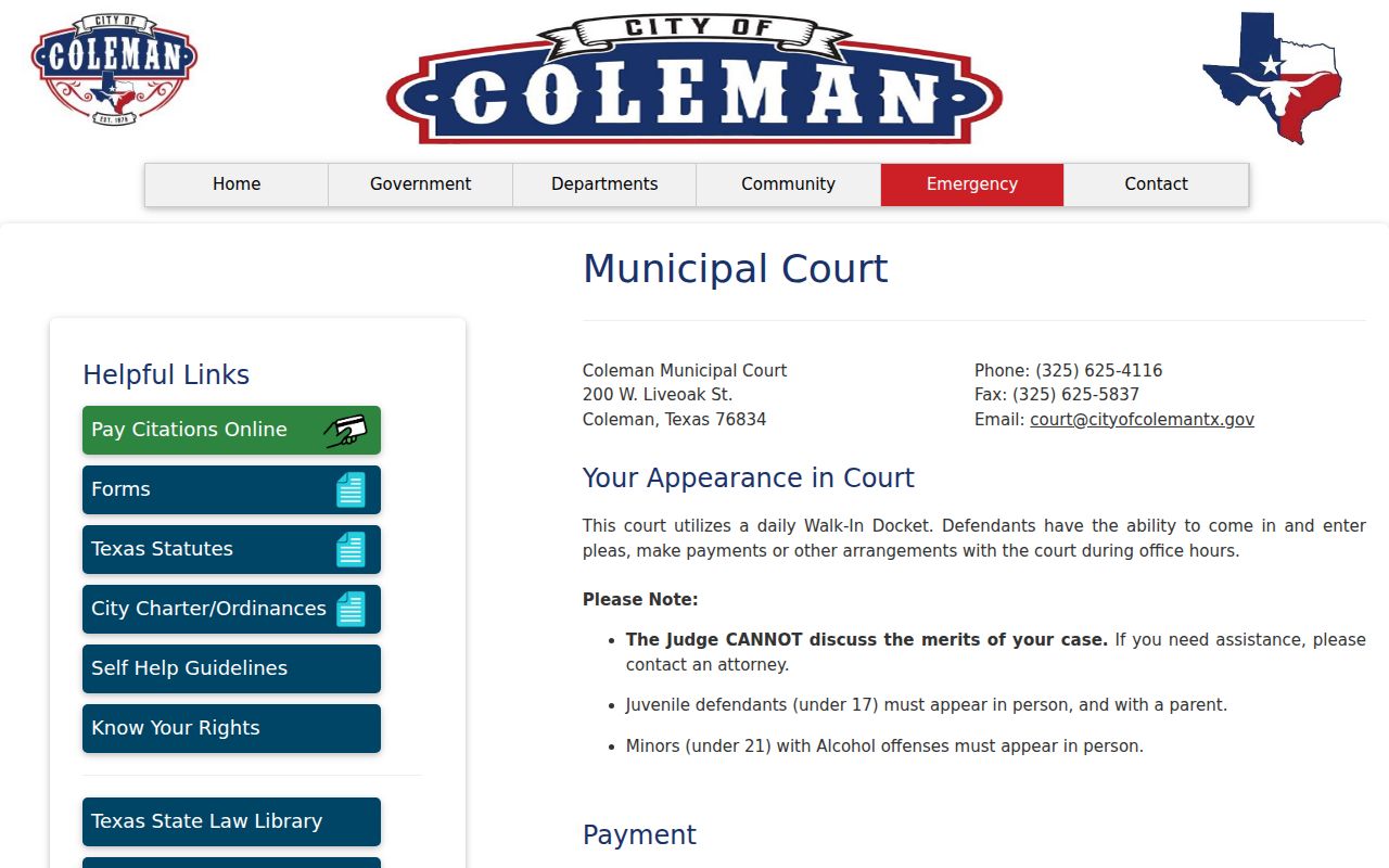 Coleman County municipal warrant route through Coleman Municipal Court