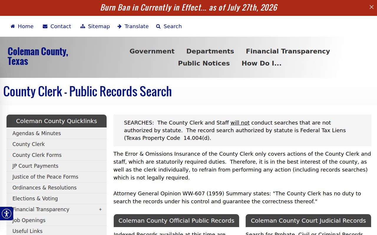 Coleman County warrant lookup routing to the official court records page