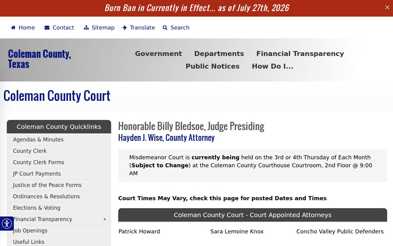 Coleman County bench warrant court records and County Court contact