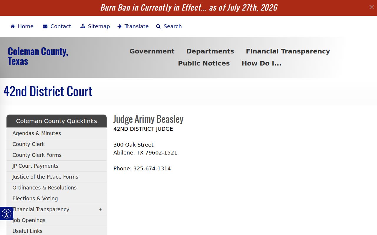 Coleman County arrest warrant trial court and 42nd District Court contact