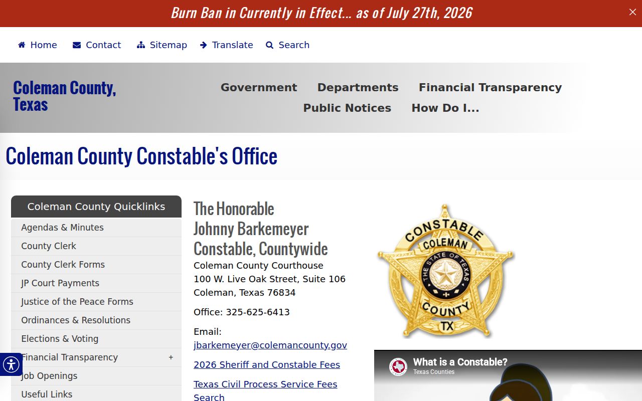 Coleman County outstanding warrant service route through Countywide Constable contact