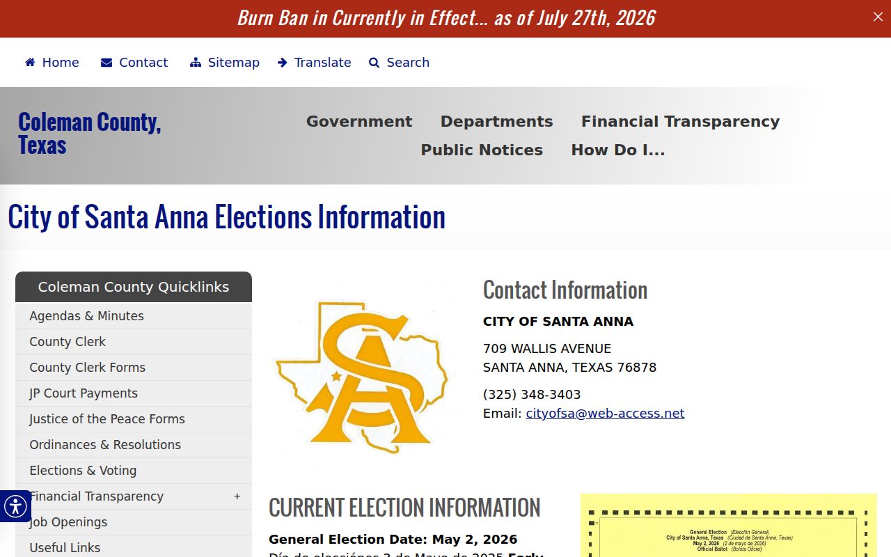 Santa Anna warrant records and municipal court contact through City Hall