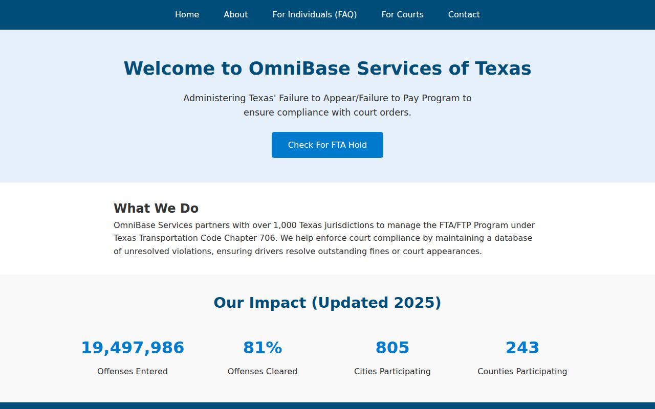 OmniBase FTA status route for Coleman County traffic warrants