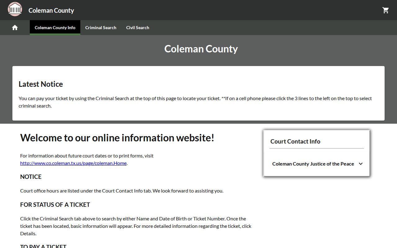 Coleman County traffic warrant payment portal shell, not a warrant roster