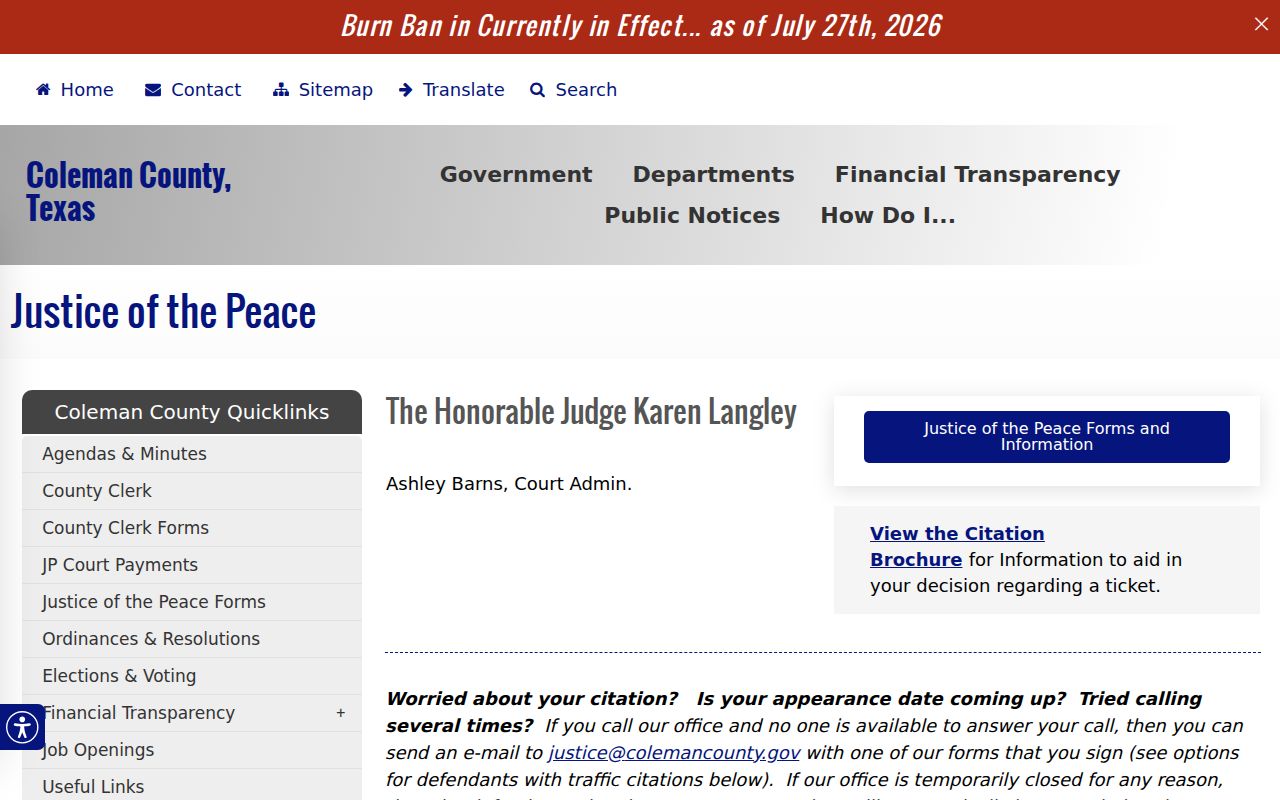 Coleman County bench warrant and Justice Court magistrate contact information