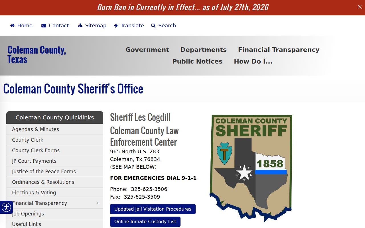 Coleman County most wanted warrant records route through the Sheriff's Office contact page