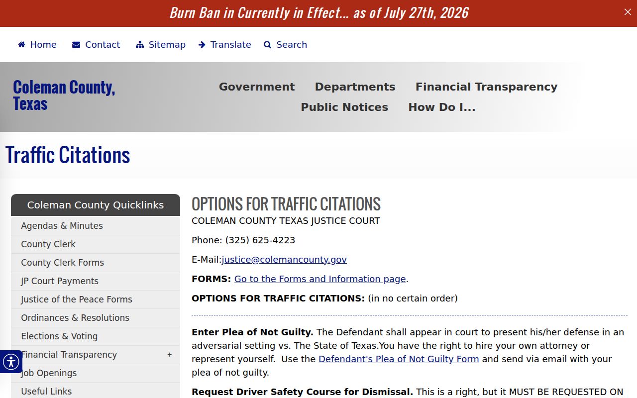 Coleman County traffic warrant and Justice Court citation options